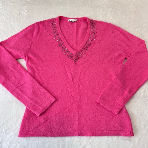 Avalin Vintage Hot Pink Angora Blend Sweater V-Neck Size Medium - Picture 1 of 7